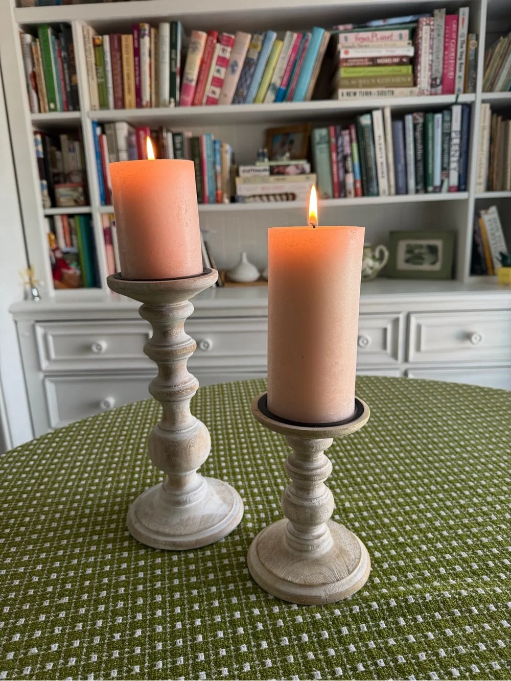 Pair of Whitewashed Wooden Pillar Candle Holders -Farmhouse 6” and 10”